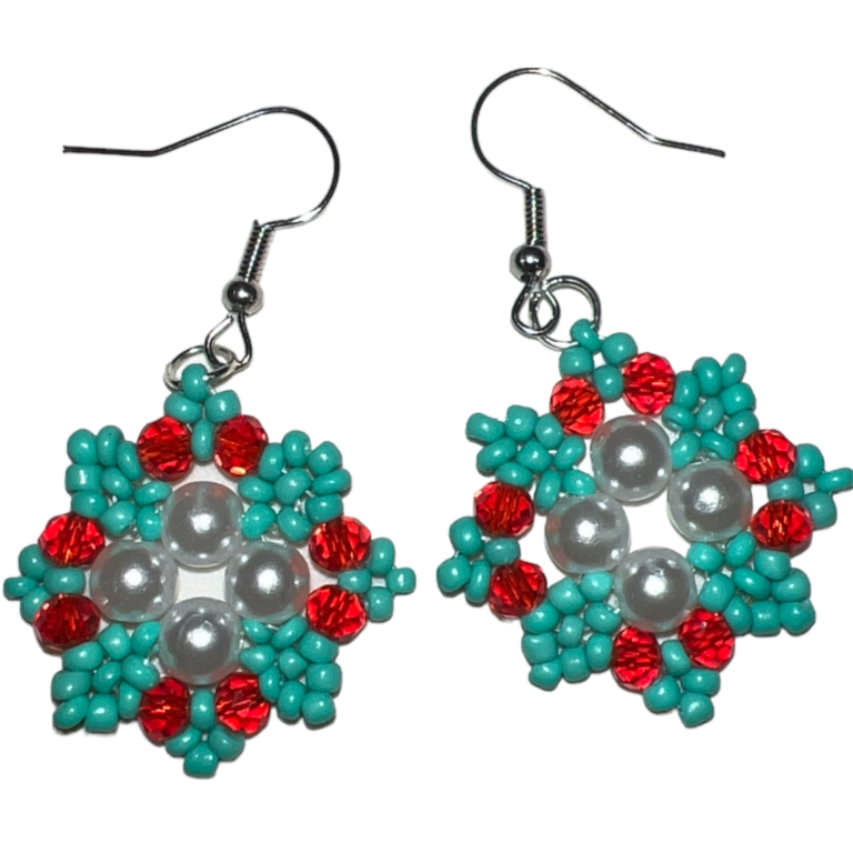 turquiso-red snowflake beads earrings